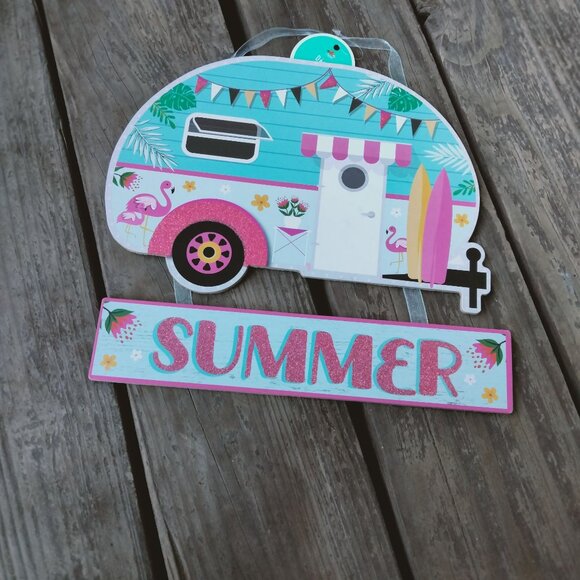 Summer Camper Wall Decor Sign Flamingo Surfboard Retro Boho Tropical Beachy Tiki - Picture 4 of 5